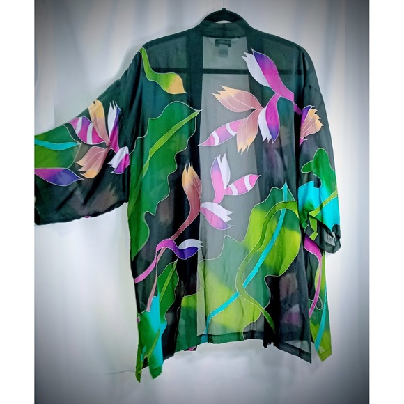 DRAPERS 100% Silk coverup tropical floral black green pink OS See Measurements - Picture 1 of 5